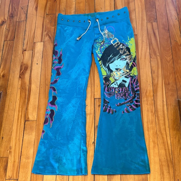 Crystal Audigier Pants - Y2K CRYSTAL ROCK (Ed Hardy) Graphic Rocker Flare SweatPants Drawstring Waist - S
